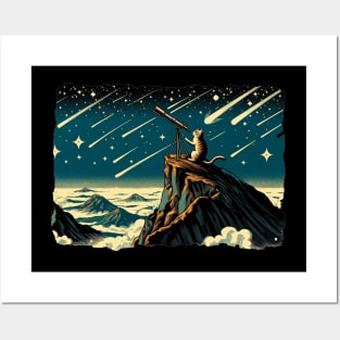 Meteor Watching Hiker Mountain Climbing Stargazing Cat Posters and Art